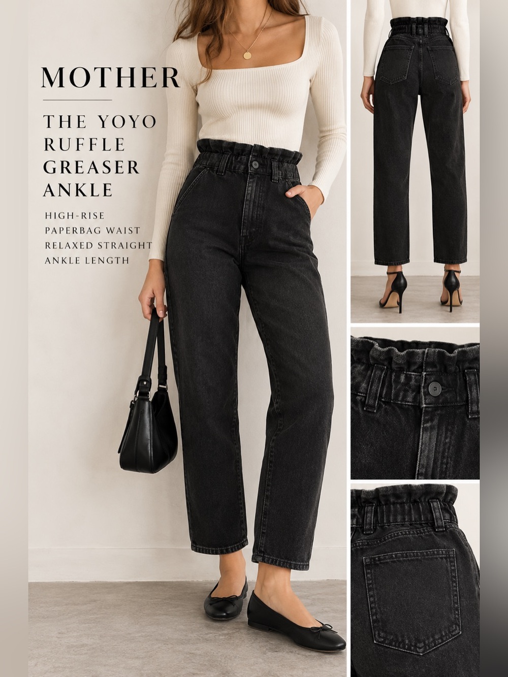 MOTHER The Yoyo Ruffle Greaser Ankle Jeans Size 25 Black High Rise wide leg